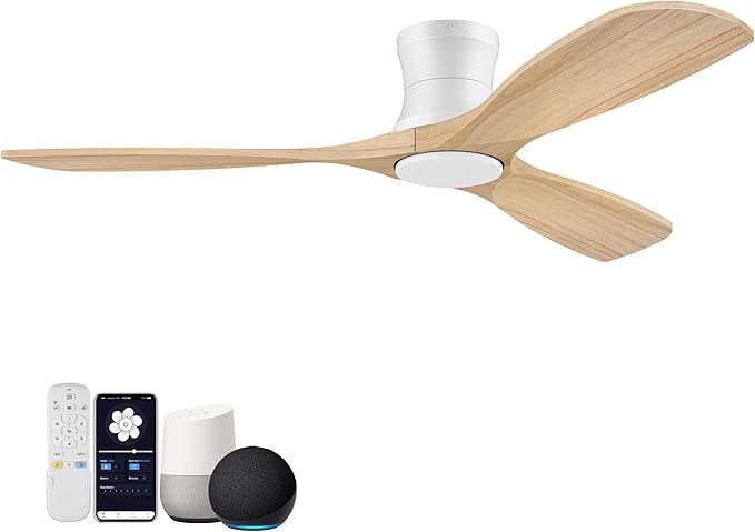 Smart 52” Wood Flush Mount Ceiling Fans with Lights and Remote,Quiet DC Motor,Outdoor Indoor Ultra Low Profile Ceiling Fan works with Alexa WIFI APP,Modern White Ceiling Fan for Bedroom Patio