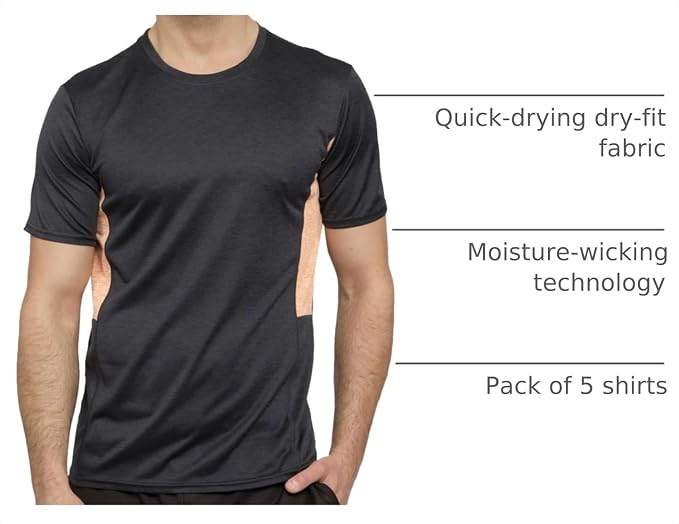 5 Pack Men's Dry Fit Short Sleeve T-Shirt Gym Workout Athletic Running Tee | Cooling, Moisture-Wicking, Crew Neck, Quick-Dry, Breathable, Active, Exercise, Fitness, Basketball, Cycling, Hiking, Tennis