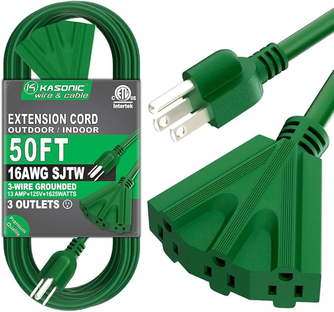 K KASONIC - 50 Ft Extension Cord with 3 Outlets, UL Listed 16/3 SJTW 3-Wire Grounded, 13A 125V 1625W for Indoor/Outdoor Use - Green