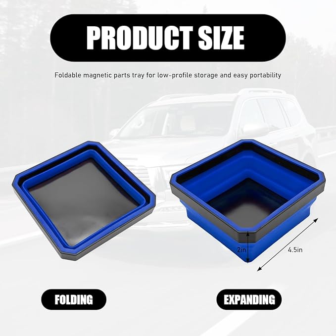 Collapsible Magnetic Parts Tray, 4.5" Square Silicone Tool Tray with Double-Sided Magnetic Base, Foldable Bowls Small Metal Parts Holder for Screws Bolts Nuts Washers (Blue)
