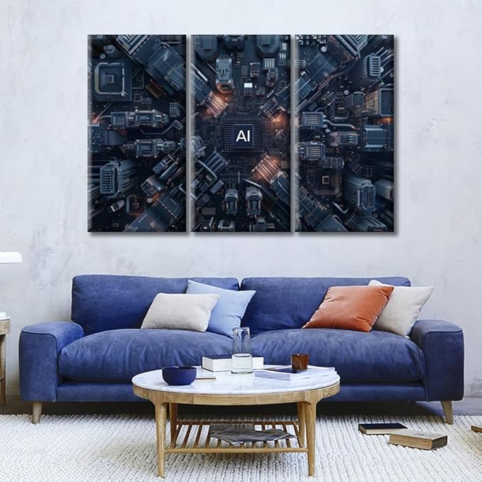 3 Pieces Artificial Intelligence Concept Wall Art Advanced Circuitry Wall Decor Motherboard Digital Chip Canvas Prints Pictures Modern Living Room Bedroom Office Home Decor Artwork (42"Wx28"H)