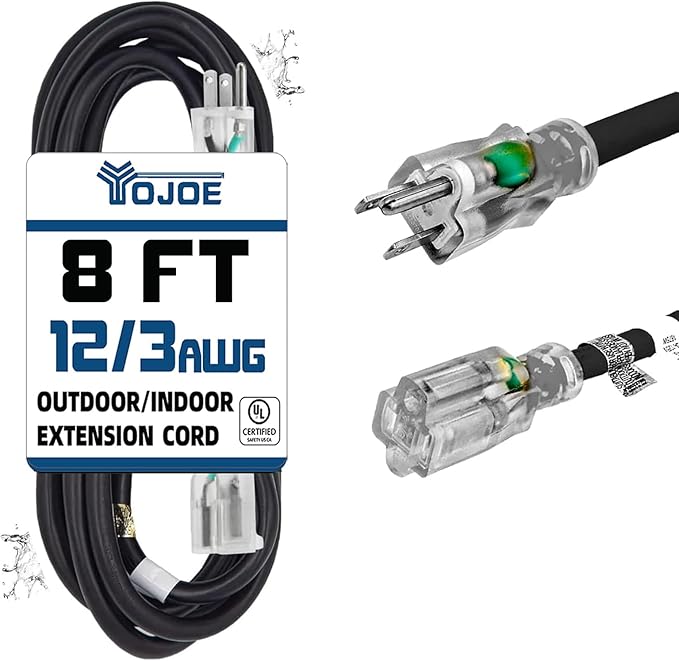 YOJOE Indoor Outdoor Extension Cord with Lighted End, 3 Prong 15A Weatherproof Power Cord, 12 Gauge Heavy Duty 8 ft Black Extension Cord for Garage, Garden and Home, 12/3 SJTW UL Listed