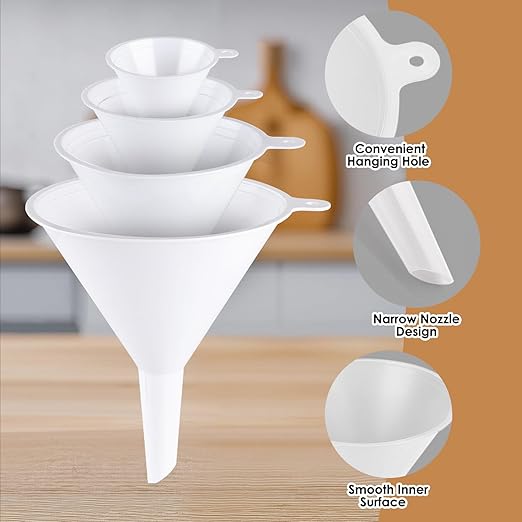 4 PCS Plastic Kitchen Funnel Set with Clean Brush, Food Grade Funnel for Kitchen Use Filling Bottles, Liquid, Protein Powder, Multifunctional Funnels for Cooking, Lab and Automotive Use