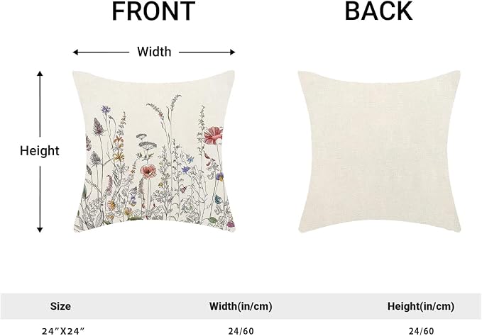 AEIOAE Spring Pillow Covers 24x24 Inch Set of 2, Black Wild Flower Throw Pillows Case,Colorful Seasonal Floral Plant Outdoor Decorative Farmhouse Decor Cushion Covers for Home Sofa Bed Couch