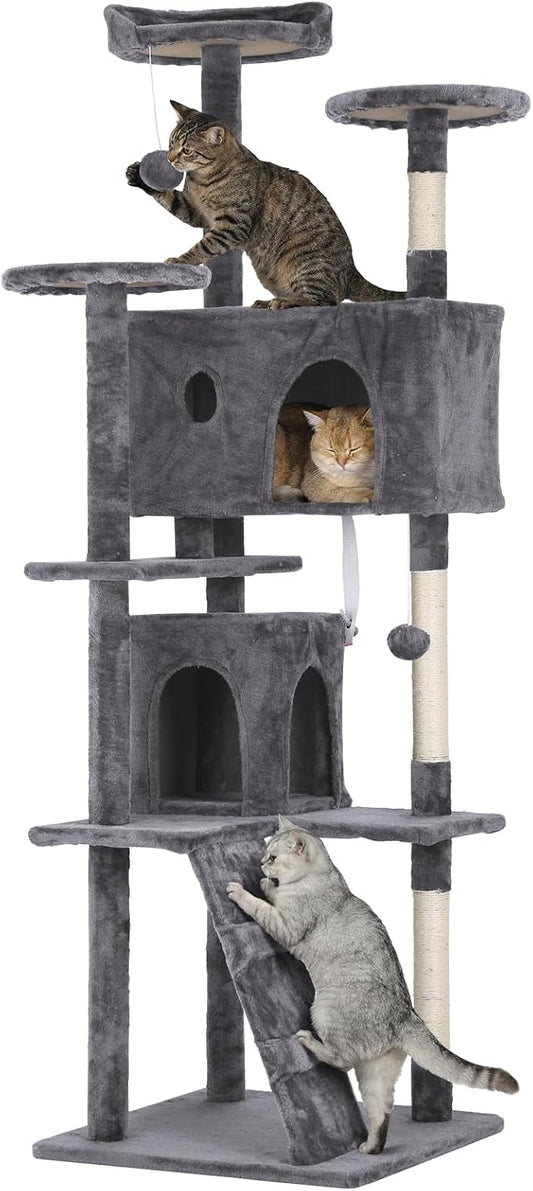 70in Cat Tree Cat Climbing Tower with Scratching Post, Cats House Perch Kitten Tree Condo Wood Playhouse, Pet Trees Tower for Indoor Cats, Light Gray