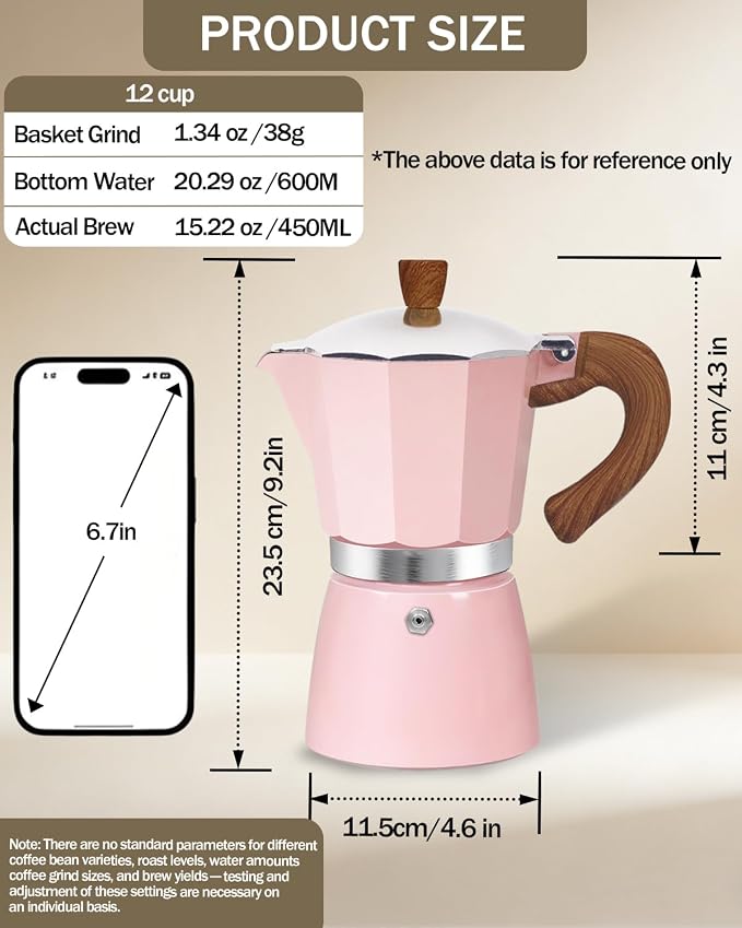 Coffee Maker Stovetop Espresso Maker 12 Cup Aluminum Moka Pot Percolator 20oz 600ml Easy Brewing for Electric Ceramic Stoves Home Camping Italian Cuban Café Classic Pink