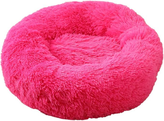 Calming Faux Fur Dog Beds Calming Donut Cuddler Dog Bed Washable Round Cat Bed Pillow Cuddler Fluffy Indoor Dog Calming Beds with Anti Slip Bottom Solid Color Hot Pink 27 Inch