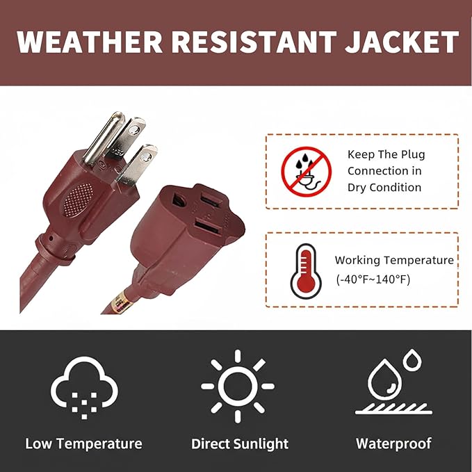 6FT Brown Outdoor Extension Cord-16/3 SJTW Durable Extension Cord for Christmas Lights with 3 Prong Grounded Plug, Great for Outside Christmas Decorations
