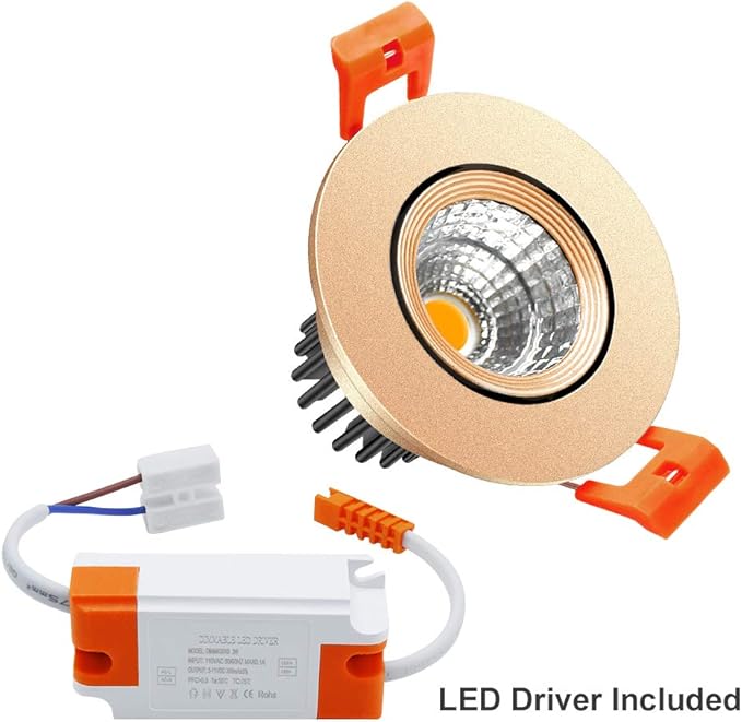 LightingWill 2inch LED Dimmable Downlight, 3W COB Recessed Ceiling Light, Daylight White 5500K-6000K, CRI80, 25W Halogen Bulbs Equivalent, Gold (4Pack)