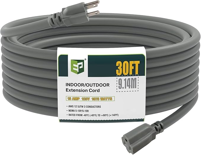 EP 12/3 30 FT Indoor Outdoor Grey Extension Cord Waterproof, 12 Gauge 3 Prong Power Cord Flexible Resistant Appliance Extension Cable Electric Cable Outside, 15A 1875W 12AWG SJTW, ETL Listed