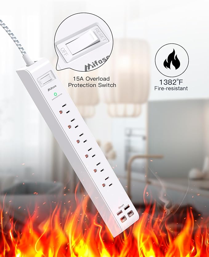 Surge Protector Power Strip 10 ft with 4 USB Ports 2 USB-C 6 AC Outlets, Flat Plug Extension Cord, USB Charging Station, Wall Mountable for Home, Office, Dorm Essentials, 1080J, ETL Listed