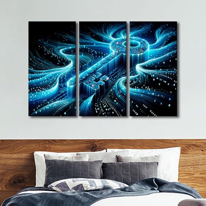 TUMOVO 3 Piece Canvas Wall Art Abstract Cyber Security Concept with Key and Binary Code Posters and Prints, Concepts Artwork for Living Room Wall Decoration, Ready to Hang, 60" Wx40 H