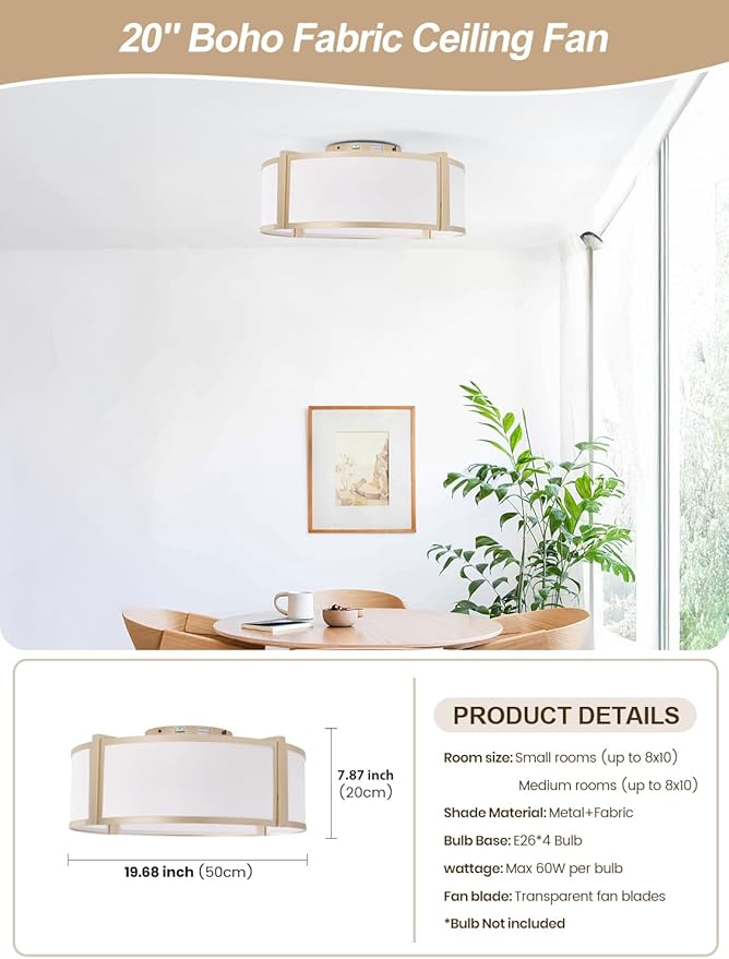 Gold Caged Ceiling Fan with Light, 20" Flush Mount Boho Ceiling Fans with Lights Remote Control, Low Profile Fabric Bladeless with 6 Speeds for Bedroom, Nursery, Living Room