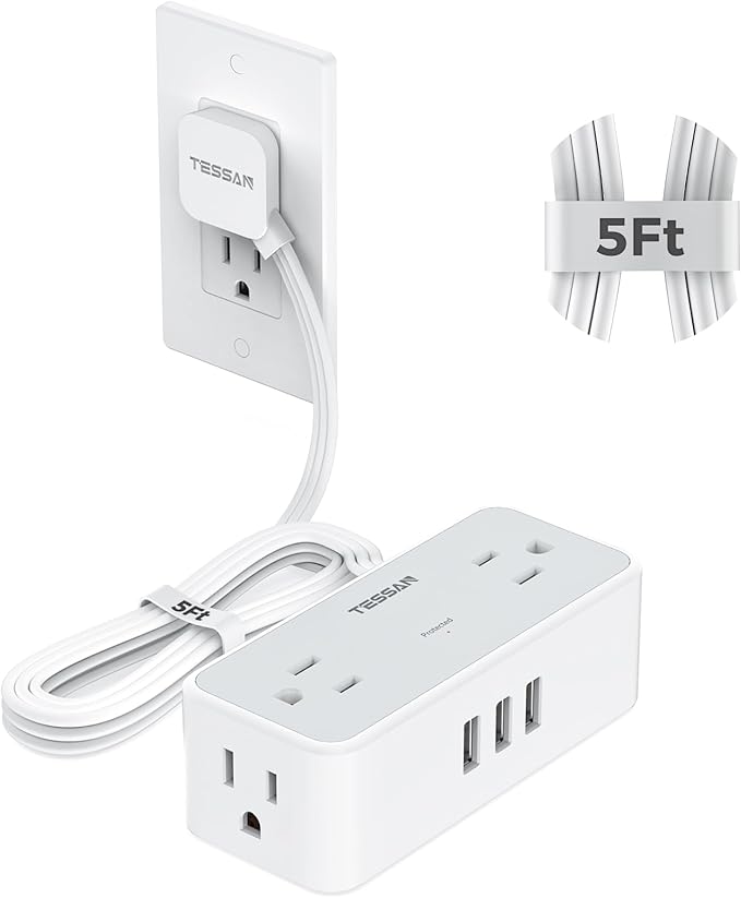 TESSAN Flat Plug Extension Cord 5 FT, Surge Protector Power Strip with 4 AC Outlets and 3 USB A Ports, 900 Joules Protection, Multiple Wall Outlet Extender Suitable for Office Dorm, Grey
