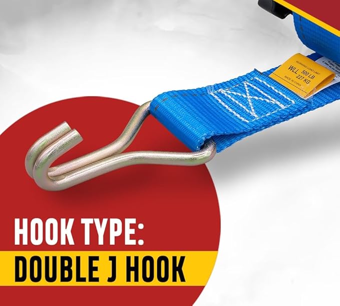 Mytee Products 4 Pack 1-1/2"x7' Blue Ladder Rack Ratchet Straps with J-Hook (Pair) - 500 lbs Square Tube Mount - Retractable Ratchet Tie Down Strap for Roof Rack