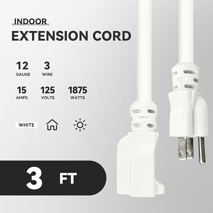 3 ft Heavy Duty Extension Cord - 12/3 SJTW 15 AMP Indoor Power Cord with 3 Prong Grounded Plug for Lawn Mower, Appliances, Workshop, Christmas Lights Water Resistant Flexible Cable White.