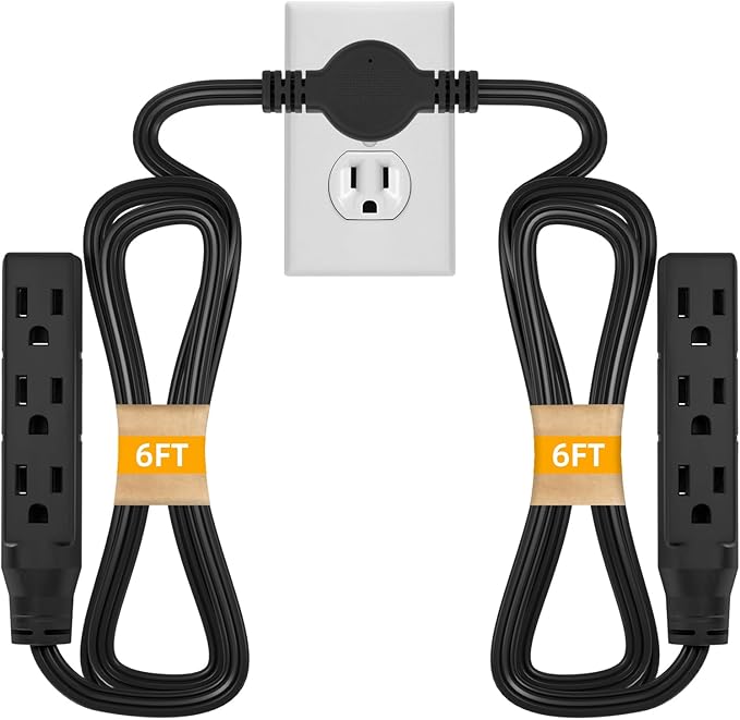 STARELO Twin Extension Cord With 6 3-Prong Receptacles, 12FT Flat Plug, 6FT Long on Each Side, for Behind Beds, Sofas, Dressers, Furniture (Black)
