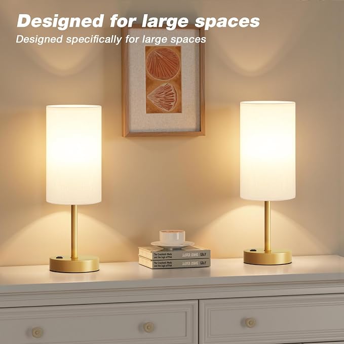 Fenmzee Gold Nightstand Bedroom Lamp - 3 Way Dimmable Bedside Lamp USB C A Charging Ports and AC Outlet, Small Table Lamp Linen Lampshade for Office Desk