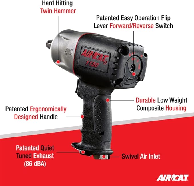 AIRCAT 1150-C 1/2-Inch Composite Impact Wrench with Coupler Set - Heavy-Duty Power Tool for Automotive Applications - Twin Hammer Mechanism - 900 ft-lb Max Torque - Quiet Operation - Low Weight