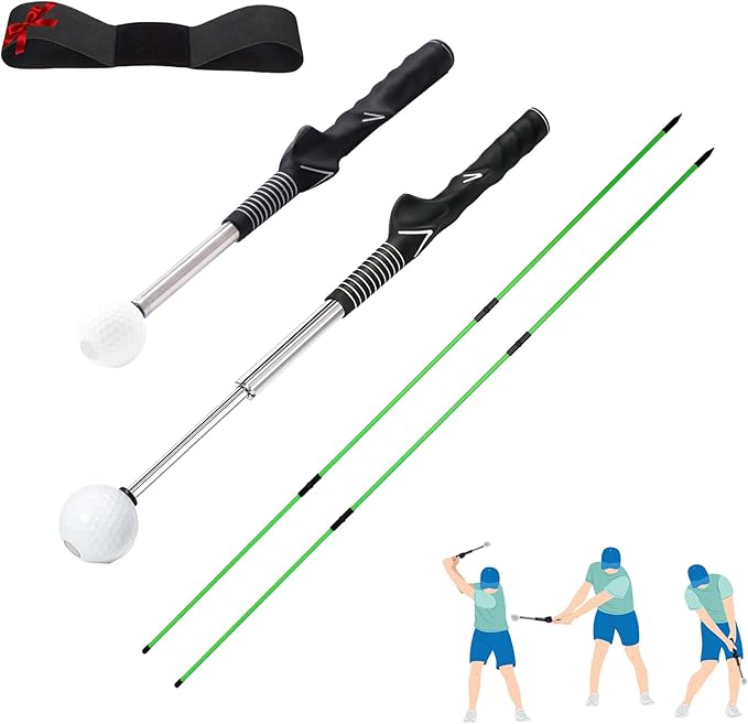 Retractable Golf Swing Trainer - Golf Swing Training Aid, Non-Slip Golf Grip Trainer, Strength & Tempo Training, Golf Alignment Sticks & Arm Band, Indoor Outdoor Golf Swing Practice