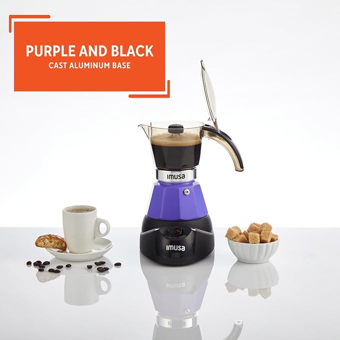 IMUSA 3 or 2 Cup Electric Espresso Maker with Cool-touch Handle, Purple | Bare Aluminum Finish, Detachable Base, Ideal for Espresso, Perfect for Everyday Use