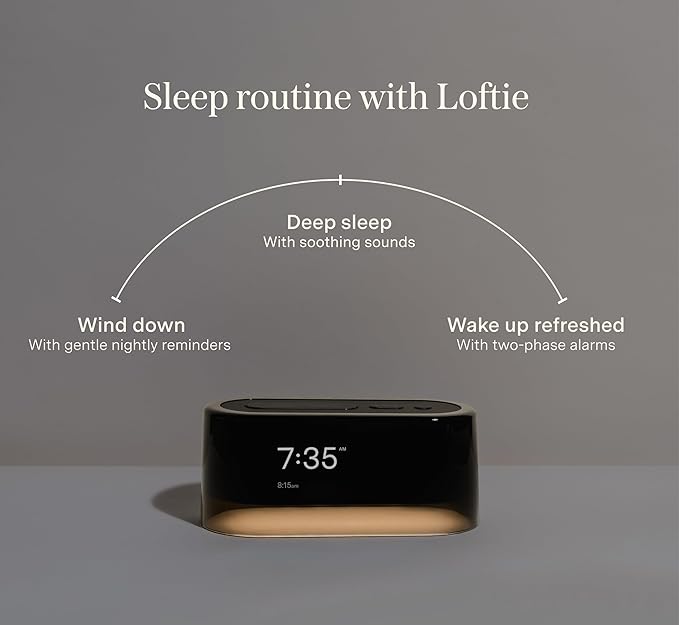 Loftie Alarm Clock with Sound Machine – Smart Alarm Clock with Light, White Noise, Bluetooth Speaker, Night Light Sound Machine, 100+ Sounds, Blackout Mode, No WiFi Mode, Optional Subscription - Black