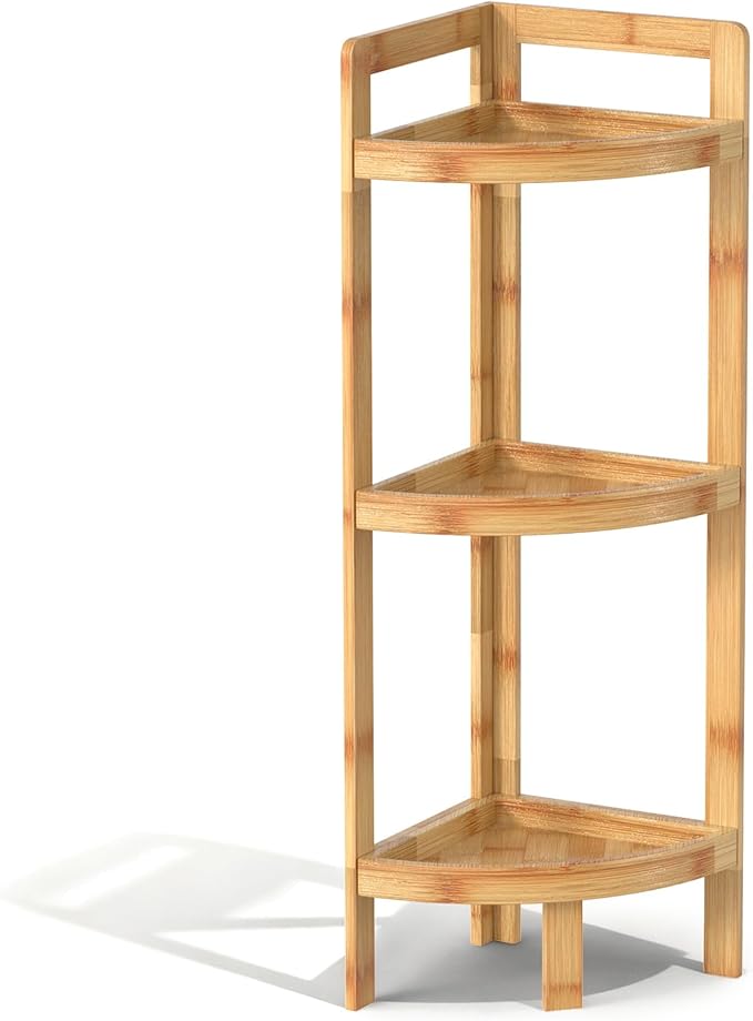2026 New Bamboo Standing Shelf, 3 Tier Corner Shelf Stand, Free-Standing Shelf Units, Triangular Curved Corner Shelf Stand for Space-Saaving Display Ideal for Bathroom/Kitchen/Living Room Storage
