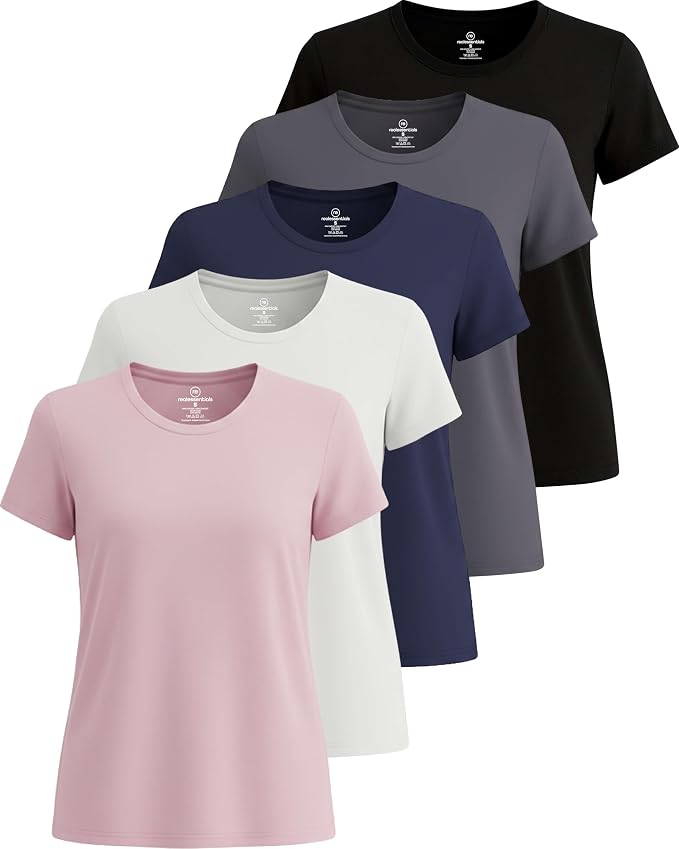 5 Pack Women's Dry Fit Short Sleeve Athletic Gym Workout Running Tops | Available in Plus Size, Exercise, Sports, Fitness, Quick Dry, Cooling, Moisture Wicking, Loose Basic Tees, Yoga, Pilates