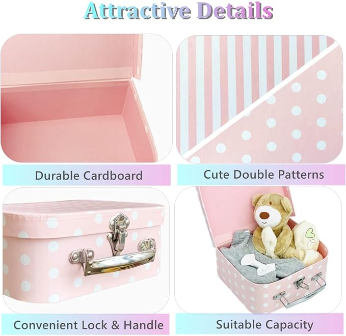 Paperboard Suitcases Set of 3 Decorative Boxes, Compatible with Barbie Storage Organizer, Doll Clothes, Toys, Photos, Accessories, Hat, Cute Storage Gift Boxes for Kids Girls Home Decoration