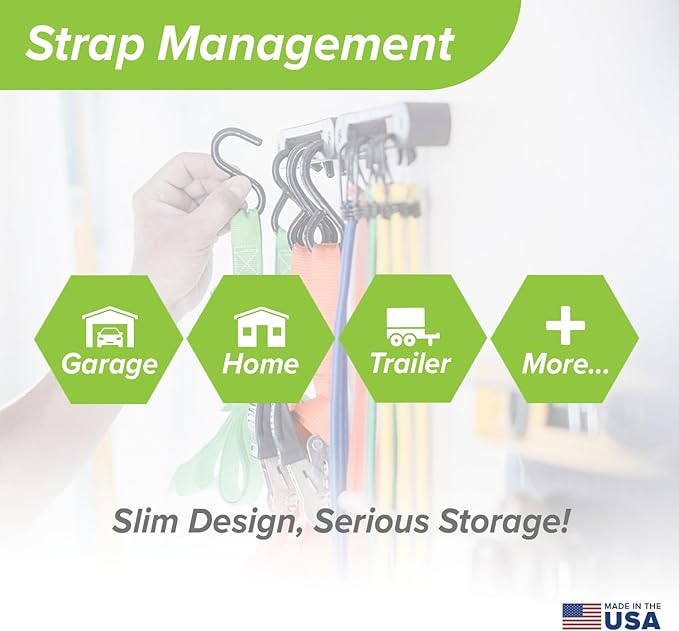 AV1 Hook Rail Strap Organizer (1-Pack) – Low Profile Tie Down, Ratchet & Bungee Cord Storage for Garage, Workshop, Home or Enclosed Trailer – Made in USA – Backed by Our Guarantee!
