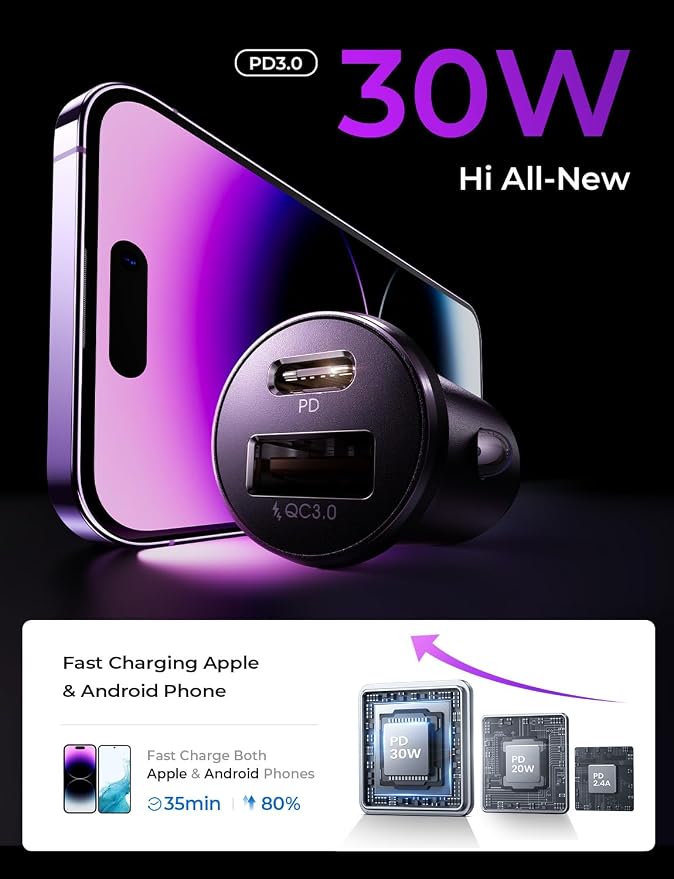 LISEN 54W Car Phone Charger USB C, Cigarette Lighter Adapter, Car Accessories for iPhone, USB C Car Charger Adapter USBC Type C 12v, Fit for iPhone 16, 15, 14, 13 Samsung Google iPad Android, Blue | Cigarette Lighter USB Charger, Car Accessories for Me...