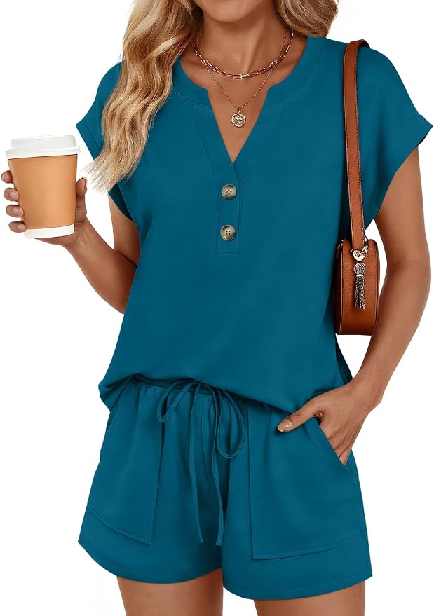 LILLUSORY 2 Piece Summer Set 2026 Henley Top & Drawstring Shorts with Pockets
