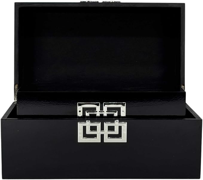 Galt International Storage Box Set Decorative Storage Box w/Hinged Lid Classic Design Wood Decor Boxes with Geometric Clasp Storage for Bedroom & Home - Set of 2 (Black & Silver)