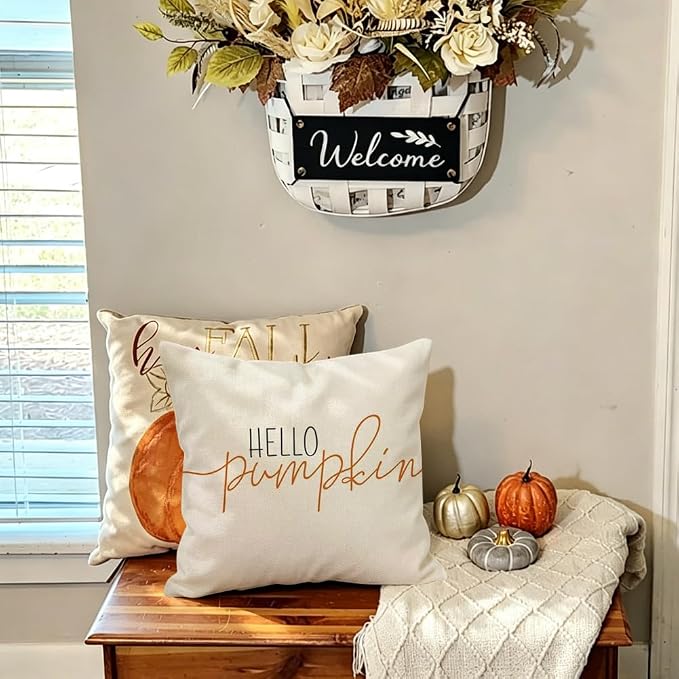 RABUSOFA Fall Pillow Covers 24x24 Inch Fall Decor for Home | Hello Pumpkin Lettering,Indoor Outdoor Use,Harvest Autumn Thanksgiving Decorations for Couch Sofa