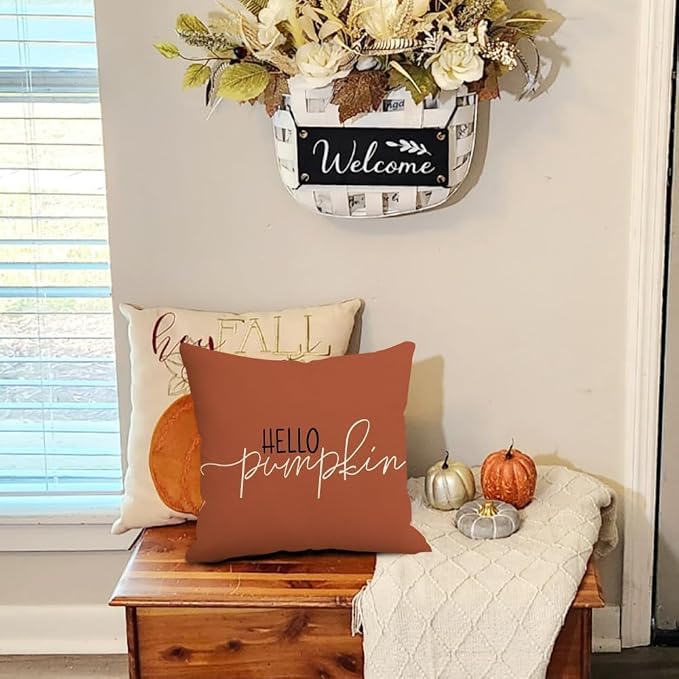 RABUSOFA Fall Pillow Covers 20x20 Inch,Rust Autumn Hello Pumpkin Pillows Decorative Throw Pillows,Outdoor Thanksgiving Cushion Cover Farmhosue Fall Decor for Bedroom Couch Sofa Rust