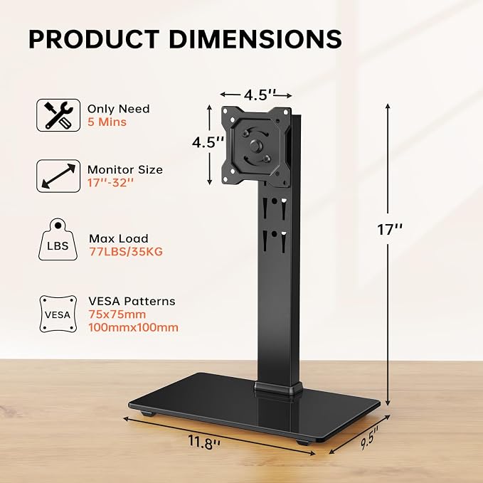 Afaloona Freestanding Single Monitor Stand for 13-32 Inch Monitor, No Clamp | Max Load 77lbs | Tempered Glass Base | ±25° Swivel | -5° to +10° Tilt | 360° Rotation | 4 Height Options | VESA 75×75/100×100