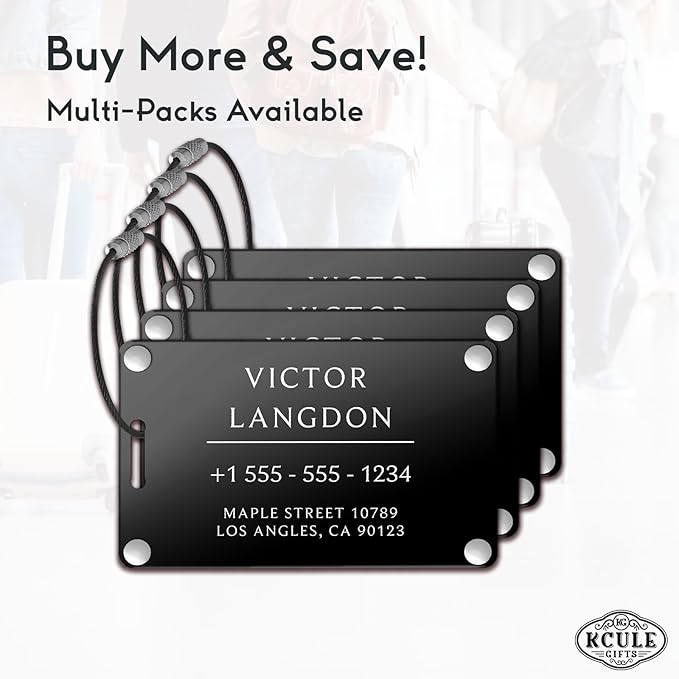 Personalized Luggage Tags for Suitcases - Aluminum Custom Luggage Tags for Backpacks & Bags, Sturdy, Waterproof & Heavy Duty (Black/Card-Sized)