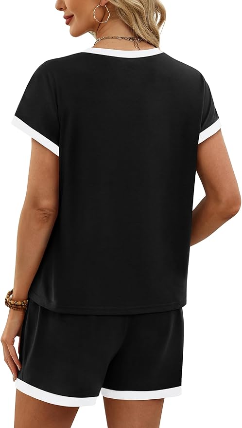 WIHOLL Two Piece Sets for Women Summer Lounge Short Sets Cap Sleeve Crew Neck Sweatsuit with Pocket XS-2XL