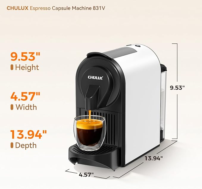 CHULUX Bafè-Pro Espresso Machine for Nes Original Pods, Fast Brewing, White | 1400W Rapid Heating, Espresso Lungo Buttons, Used Capsule Drawer, Auto-Eject System, 24oz Removable Reservoir, Mini Footprint