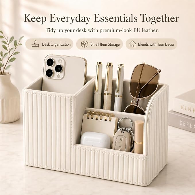 KINGFOM Desk Pen Organizer Office Supplies Caddy Pu Leather Multi-function Storage Box Pen/Pencil,Cell phone, Business Name Cards Remote Control Holder (Ivory White)