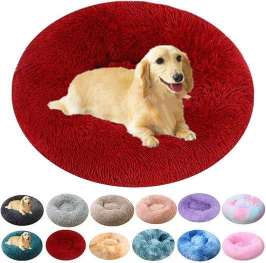 Calming Large Dog Bed Cat Bed, 40 Inch Donut Fluffy Anti-Anxiety Round Bed Washable Cute Bed, Cuddler Warming Cozy Soft Bed, Plush Cushion Bed for Small Medium Dogs and Cats (Red)