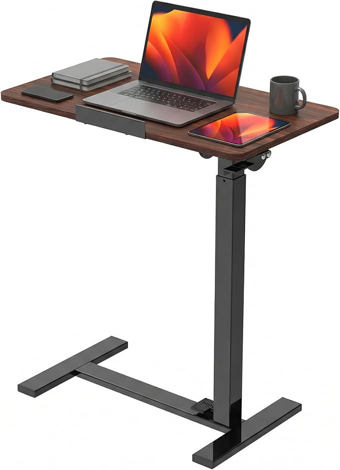 Overbed Table Adjustable Bedside Desk with Wheels Brown | Pneumatic Lift Design Offers Easy Height Adjustment for Bed and Sofa Use