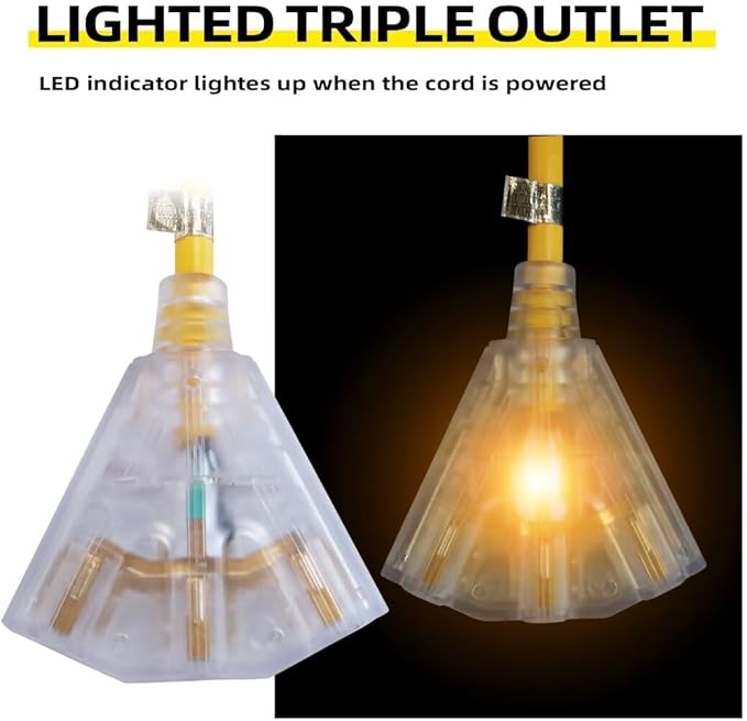25 Ft Lighted Outdoor Extension Cord with 3 Electrical Power Outlets - 12/3 SJTW Heavy Duty Yellow Extension Cable with 3 Prong Grounded Plug for Safety, UL Listed
