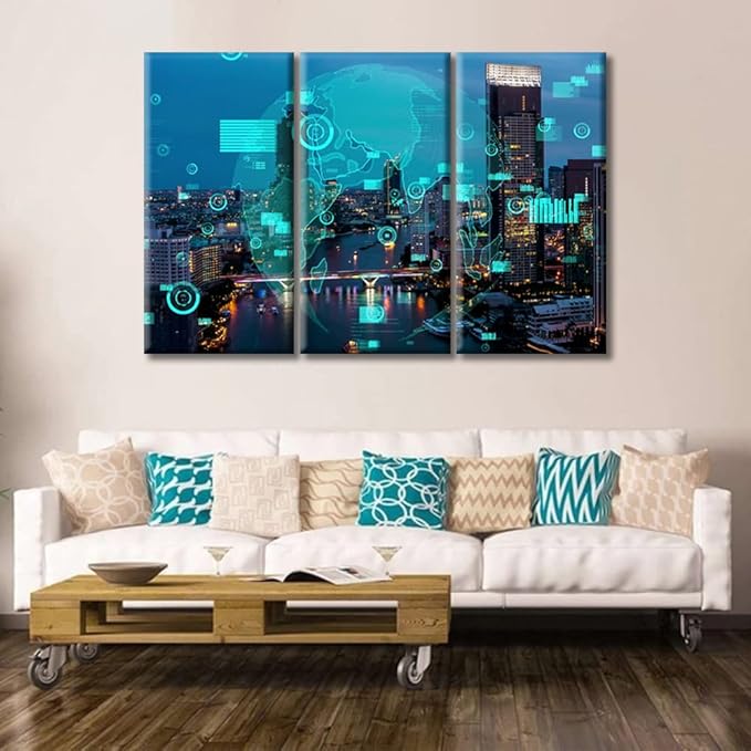 TUMOVO Artificial Intelligence Versus Big Data Pictures Wall Decor for Living Room 3 Piece Business Data Analytic Interface Smart City Black and White Wall Art Framed Ready to Hang (60" Wx40 H)