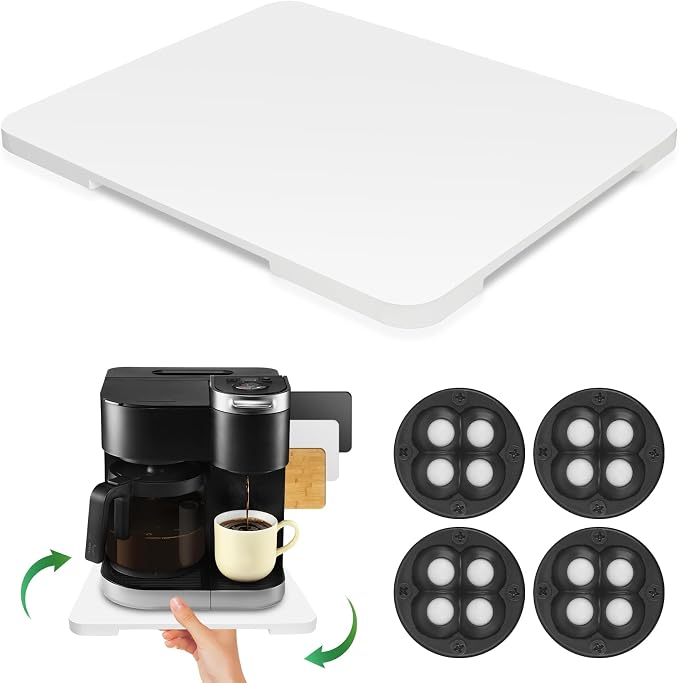 360°Rolling Tray Bamboo Kitchen Appliance Slider for Coffee Maker Pot | Countertops Sliding Tray Mat for Kitchen Appliances Easily Move Under The Cabinet White 11.6×13.9