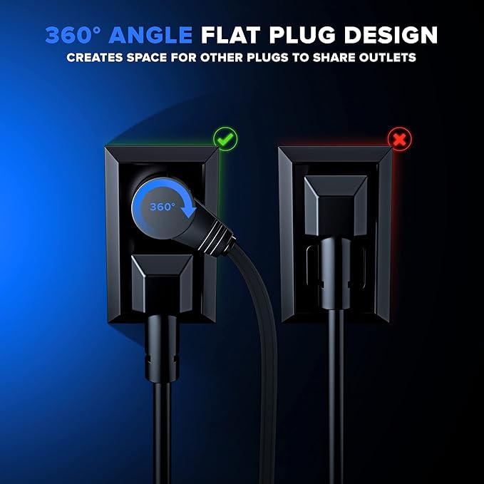 Maximm 360 Degree Rotating Flat Extension Cord 3 Ft Multi 3 Outlet Power Cord Grounded 16 AWG UL Certified, Black