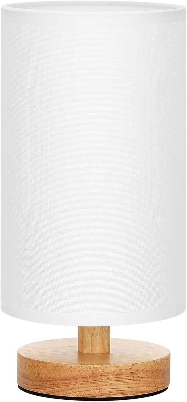 Fenmzee Small Table Lamps (White Shade - Wood Base, 9" Inline Control) | 3000K LED Blub Included | 680 Lumens | Easy Assembly | Minimalist Design | E26 | for Kitchen | for Kids Room