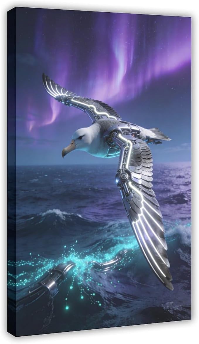 Framed Steampunk Mechanical Seagull Wall Art - Aurora Ocean Retro Poster for Bedroom Game Room Decor 16x24inch(40x60cm)