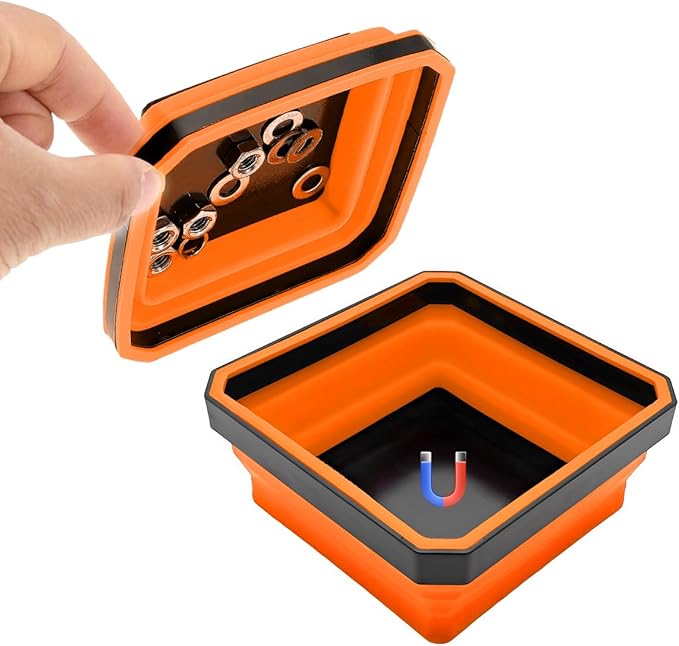 Collapsible Magnetic Parts Tray, 4.5" Square Silicone Tool Tray with Double-Sided Magnetic Base, Foldable Bowls Small Metal Parts Holder for Screws Bolts Nuts Washers (Orange)