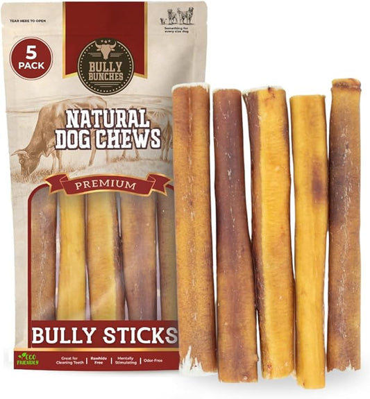 Bully Bunches Premium 6 Inch Thick Odour-Free Bully Sticks for Small & Medium Dogs - Consistently Sized, Long Lasting Chews for Oral Care - All Natural & Single Ingredient, 100% Beef Dog Treat (5 Pk)